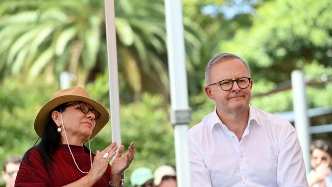 Australian Prime Minister Anthony Albanese and Minister for Indigenous Australians Linda Burney attend the Inner West BBQ for The Voice to Parliament at Petersham Park in Sydney. Picture: NCA NewsWire / Jeremy Piper