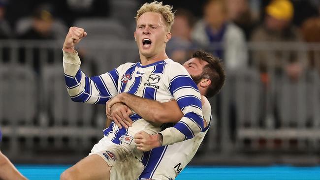 Jaidyn Stephenson roars after a goal during his matchwinning performance. Picture: Getty Images