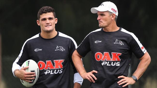 Nathan Cleary and Ivan Cleary chat during a Panthers training session ahead of their match against Wests Tigers. Picture. Phil Hillyard