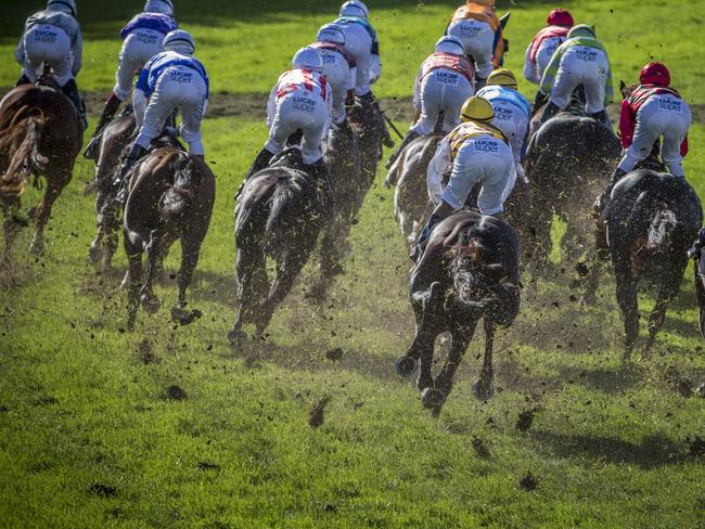 Excessive turf kickback occurring on the track in May 2017. Picture: AAP Image/Glenn Hunt