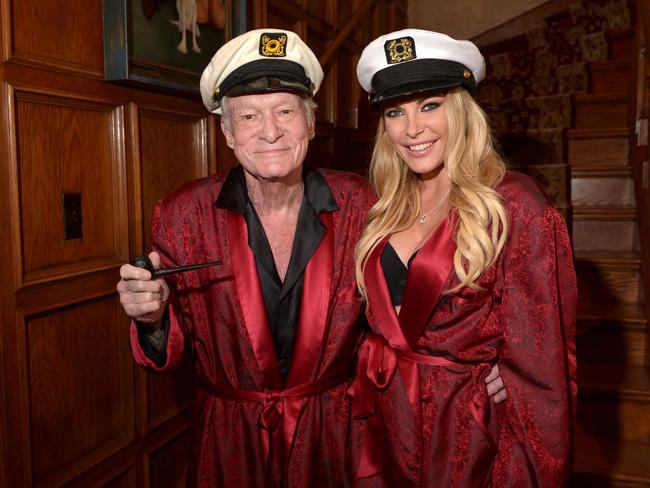 Hugh Hefner and his wife Crystal Hefner pictured at the Playboy Mansion in 2014. Picture: Charley Gallay/Getty Images