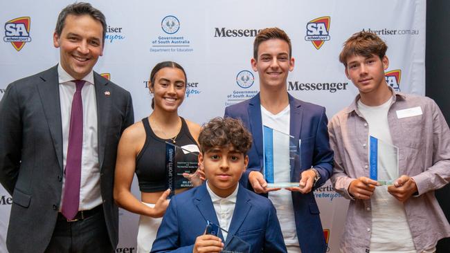 SA School Sports Awards: Winners Milsy (Emilia) Murray, Tom Brunet-Greseque, Jesse Issac and Carter Baker, with Education Minister Blair Boyer. Picture: Ben Clark