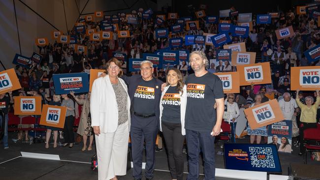 Kerrynne Liddle, Nyunggai Warren Mundine, Jacinta Nampijinpa Price and Matthew Sheahan at a No Campaign event in Adelaide. Picture: NCA NewsWire / Morgan Sette