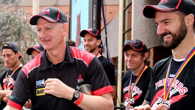 West Adelaide coach Mark Mickan at the West End chimney celebration after the Bloods won the 2015 SANFL premiership. Picture: Calum Robertson