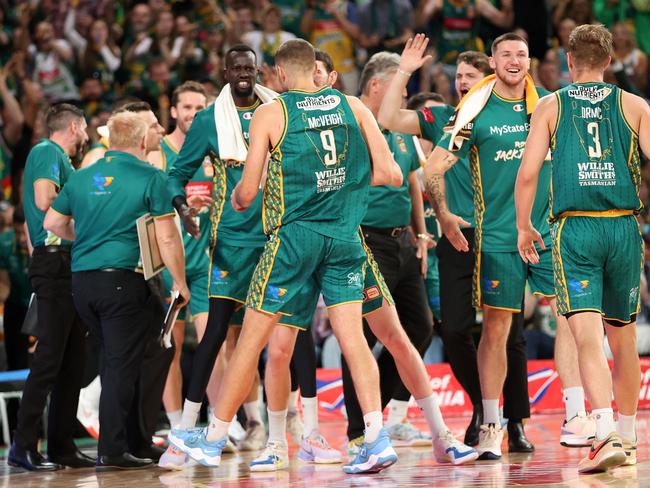 Jack McVeigh of the JackJumpers celebrates after making a three pointer from near half court in game three. Picture: Kelly Defina/Getty Images.