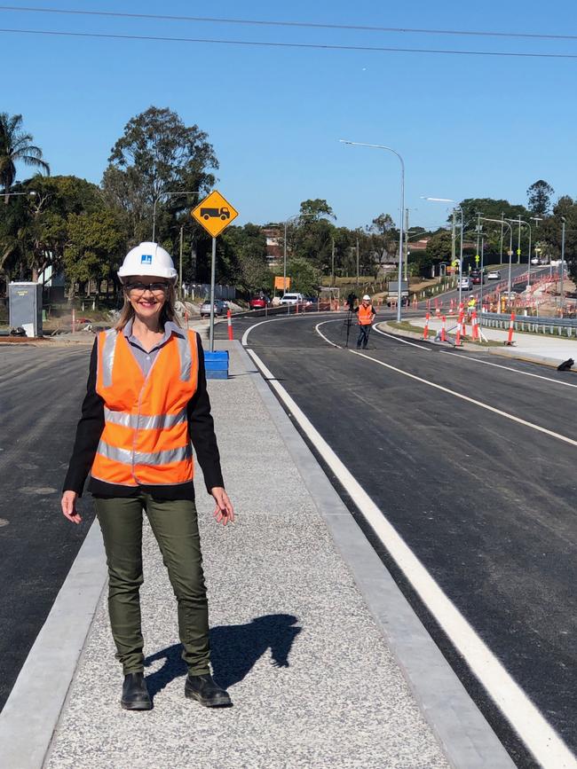 Cr Amanda Cooper on the newly-constructed Lemke Rd bridge which will open to traffic for the first time tonight.