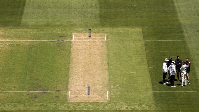 The MCG pitch that forced a Sheffield Shield match to be abandoned. Picture: AAP Image/Sean Garnsworthy