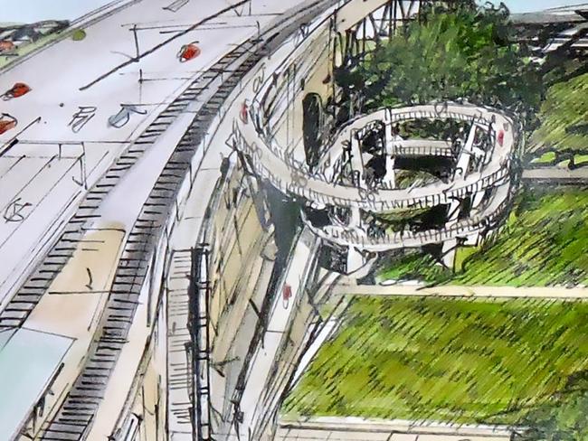 Access to the northern end of the Sydney Harbour Bridge cycleway is set to be greatly improved under two options being considered for a new ramp. Supplied artist impressions of both a loop and a linear design are being considered. Picture: Supplied