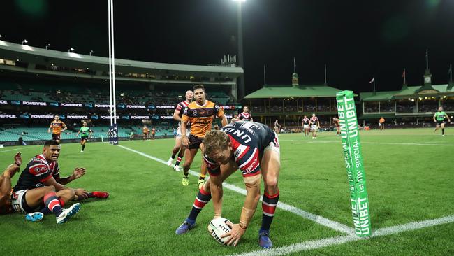 The Roosters' Mitchell Aubusson scores a try during the Broncos-Roosters match at the SCG this year.