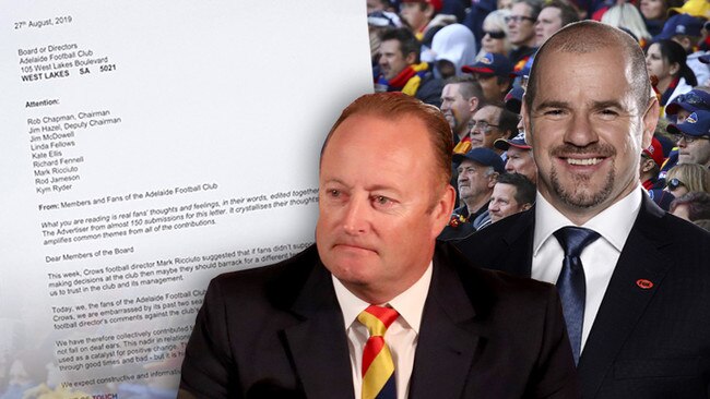 The fans have spoken — their passionate letter is addressed to Crows chairman Rob Chapman, football director Mark Ricciuto and other members of the club’s board.