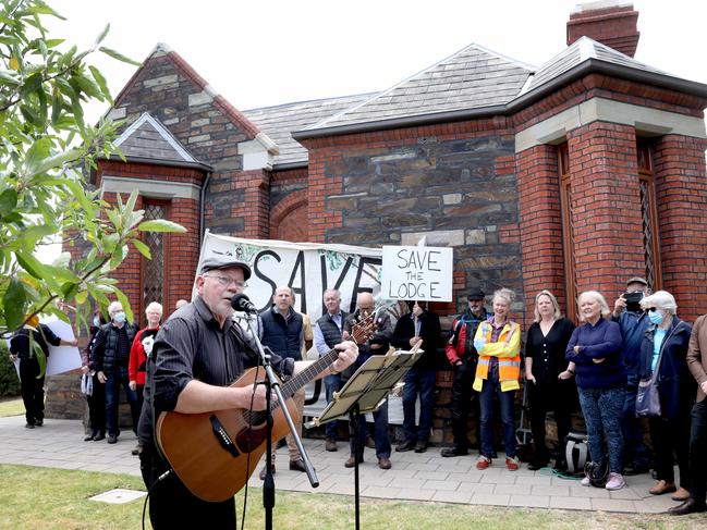 Geoff Hastwell performs a protest song he composed for the occasion. Picture: Dean Martin