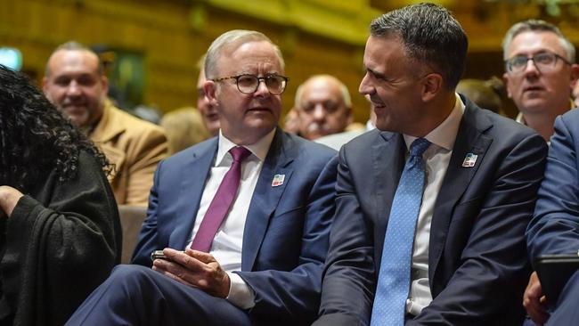 Prime Minister Anthony Albanese and South Australian Premier Peter Malinauskas at Adelaide University, Bonython Hall. Picture: NCA NewsWire / Roy VanDerVegt