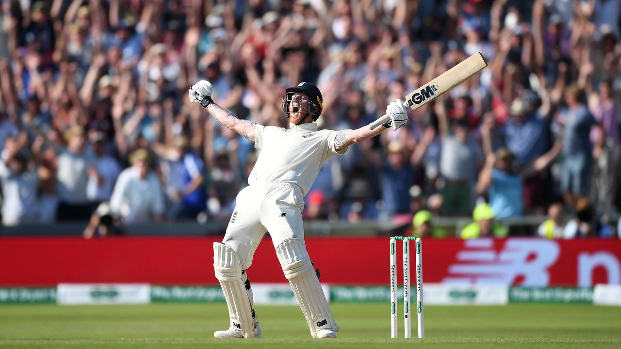 Ben Stokes celebrates after hitting the winning runs off Pat Cummins to win the third Ashes Test at Headingley on August 25, 2019 in Leeds, England. Photo: Getty Images