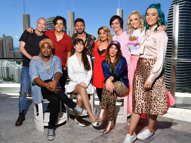 Performers (rear, left to right) Michael Ross, Aydan Calafiore, Alfie Arcuri, Tania Doko, George Sheppard, Emma Sheppard and Amy Sheppard, (front, left to right) Zaachariaha Fielding, Leea Nanos and Ella Hooper will compete for the chance to represent Australia at the Eurovision Song Contest. Picture: AAP/Darren England