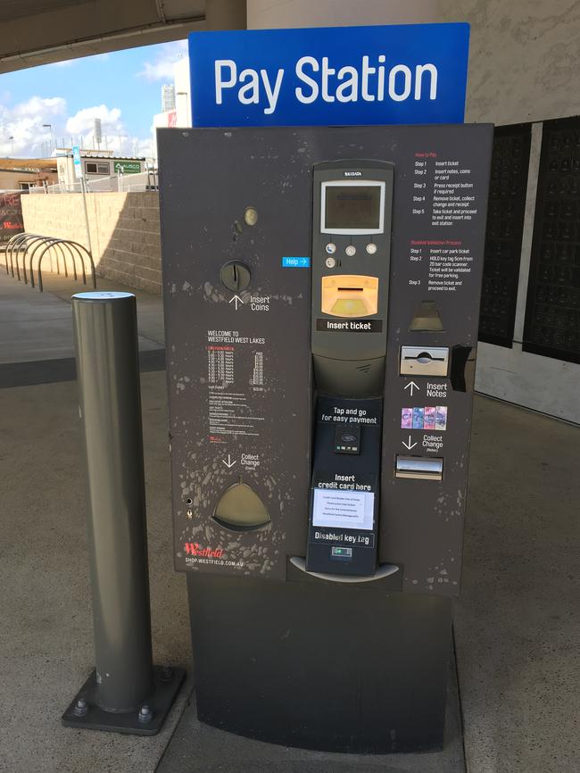 A parking pay station at West Lakes Shopping Centre.