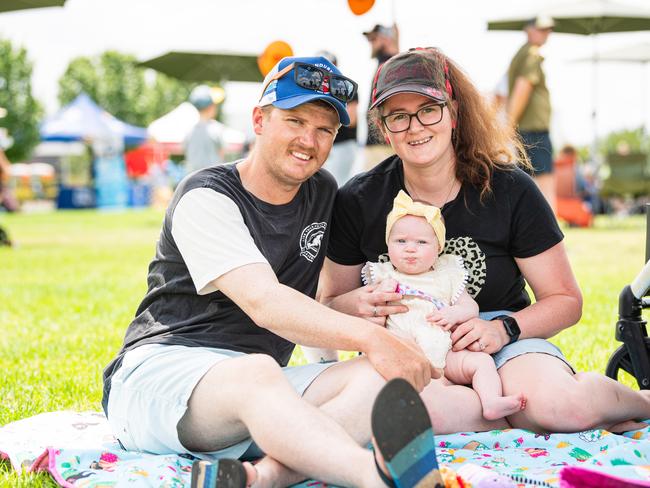 Kellie and Paul Uprichard with baby Poppie at Wellcamp Airport 10th anniversary community day, Sunday, November 10, 2024. Picture: Kevin Farmer