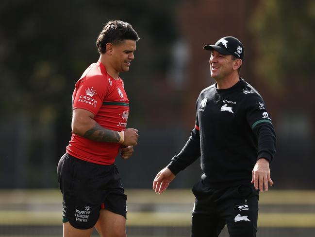 Rabbitohs head coach Jason Demetriou has formed a great bond with Latrell Mitchell. Picture: Matt King/Getty Images