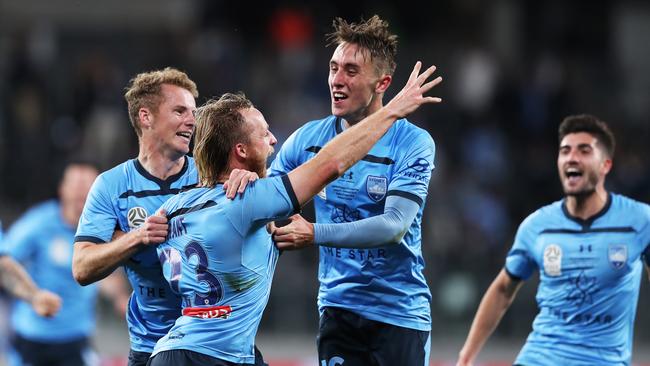 Rhyan Grant celebrates the goal that sealed Sydney FC’s grand final win. Picture: Matt King/Getty