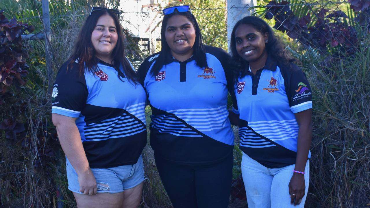 Carmen Miller, Sariro Comollatti and Khaiya Albury at Norths Chargers' inaugural TBMMBEKIND Day at the Gymmy Grounds, Rockhampton, on July 20, 2024.