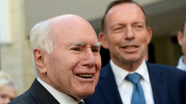 John Howard and Tony Abbott are seen on the hustings at Warringah Mall in Sydney.