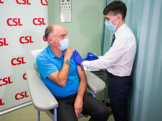 CSL chief scientific officer Andrew Nash receives the locally manufactured AstraZeneca vaccine, which has been deemed safe for all people over the age of 50. Picture: NCA NewsWire / Paul Jeffers