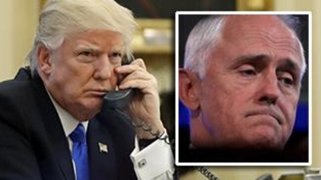 US President Donald Trump, left, makes his first call to Malcolm Turnbull. Picture: AP/Alex Brandon)