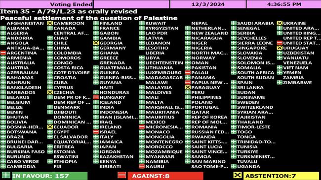 Australia voted with 156 other countries to support the UN resolution on Palestinian statehood. Picture: United Nations