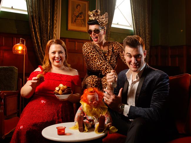 Adelaide Cabaret Fringe performers Michelle Pearson, Boo Dwyer and Isaac Lomman at new venue Gluttony in Masonic Lodge. Picture MATT TURNER.