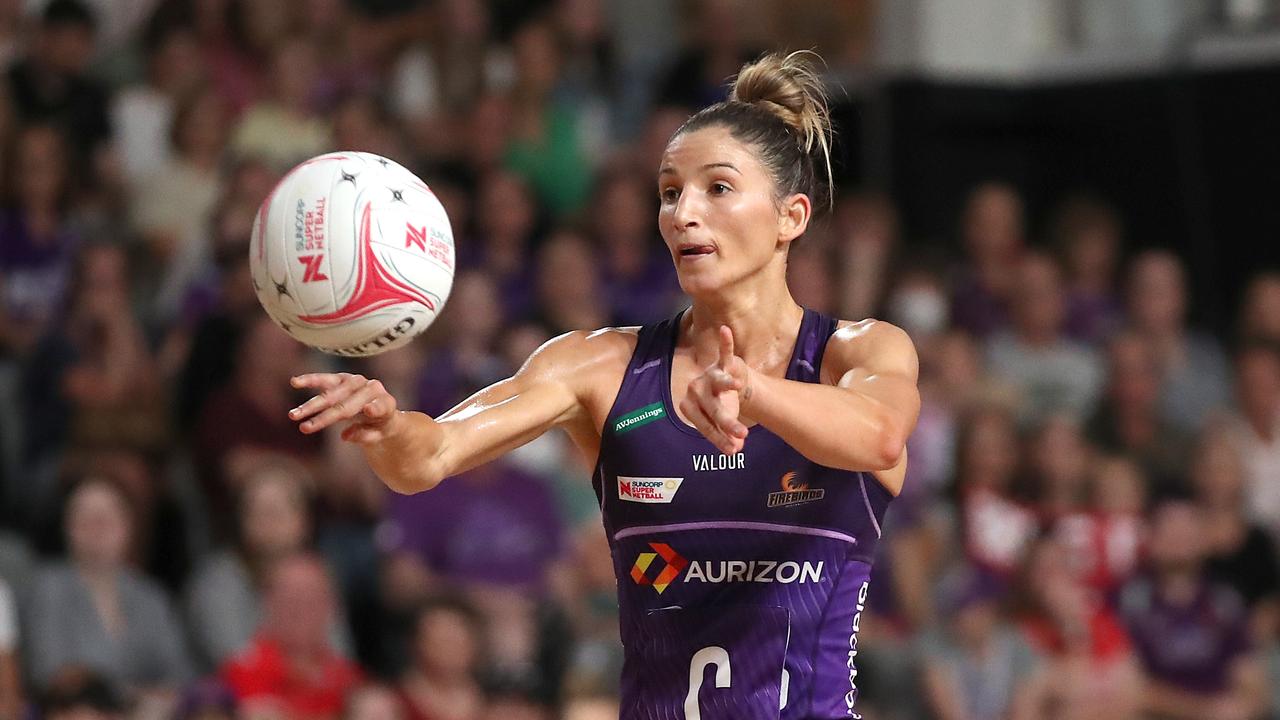 BRISBANE, AUSTRALIA – APRIL 30: Kim Ravaillion of the Firebirds passes the ball during the round seven Super Netball match between Queensland Firebirds and NSW Swifts at Nissan Arena, on April 30, 2022, in Brisbane, Australia. (Photo by Jono Searle/Getty Images)