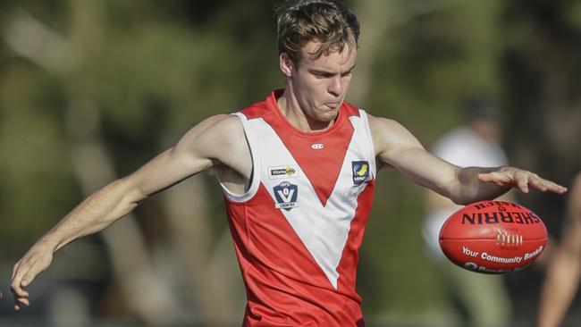 Red Hill teenage defender Noah Turner was outstanding as the Hillmen came from 30 points down at halftime to beat Dromana 14.11 (95) to 14.5 (89) on Sunday afternoon. Picture: Valeriu Campan