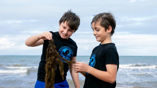 Mat Davis' children Reef and Marley on the beach at Scarborough. Picture: Dominika Lis