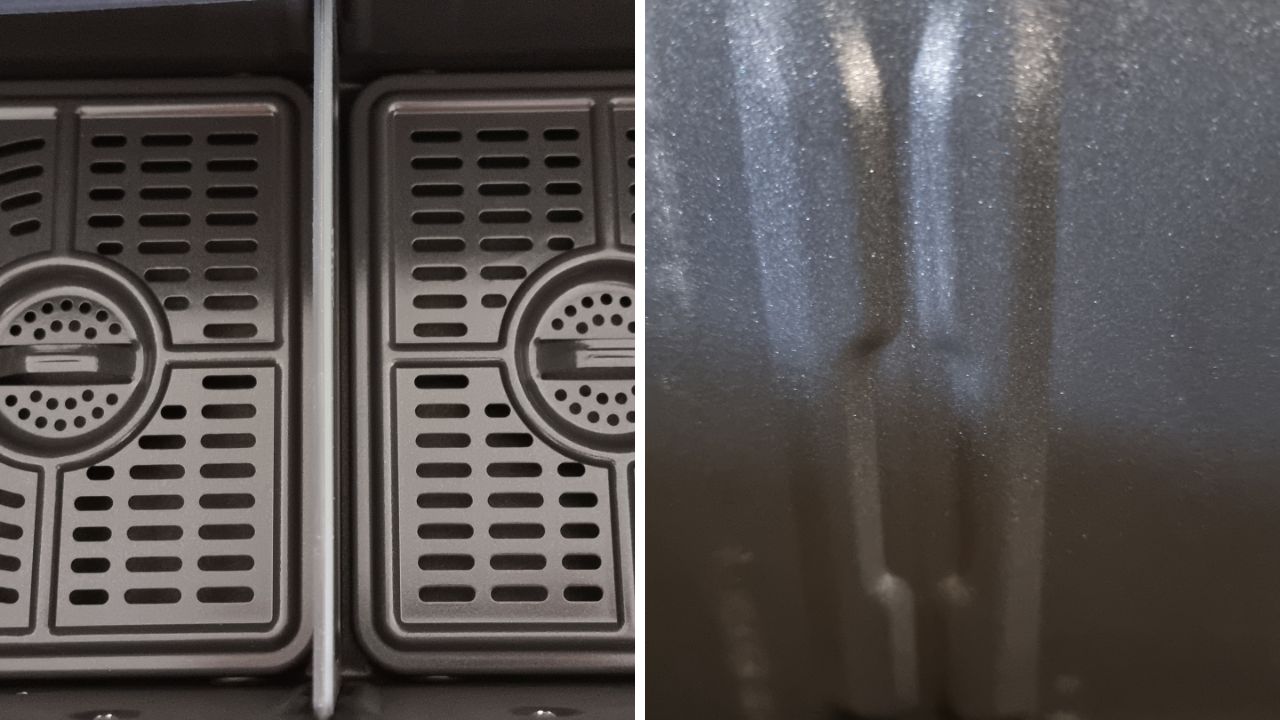 Inside the Ninja dual basket air fryer, including the slot for the divider. Picture: Tahnee-Jae Lopez-Vito/news.com.au.