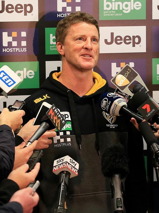 Damien Hardwick faces the media. Picture: Wayne Ludbey