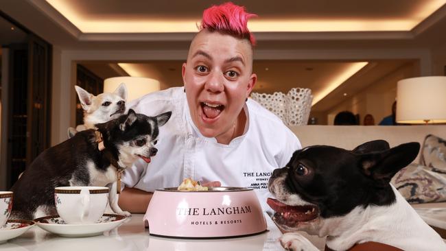 Chef Anna Polyviou, with Tequila, Bruiser, and Anca during Doggy Afternoon Tea, at The Langham, Millers Point, Sydney. Picture: Justin Lloyd