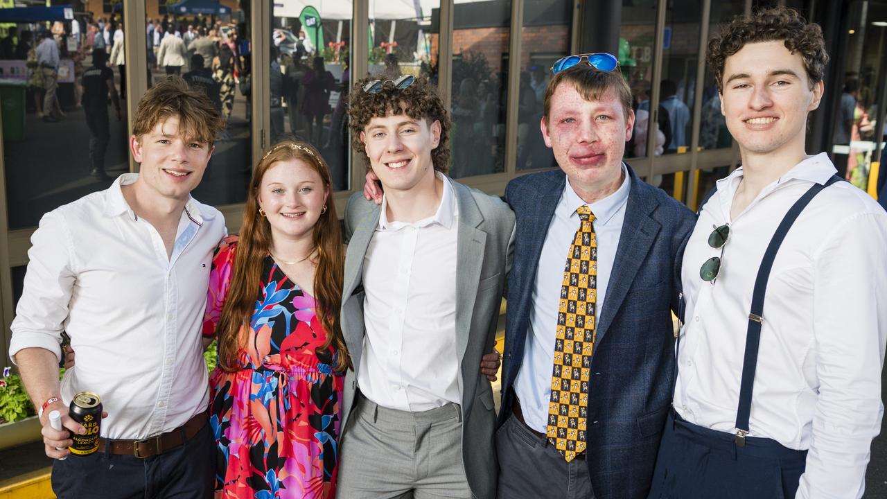 At 2023 Audi Centre Toowoomba Weetwood race day are (from left) Peter Browne, Lanie Krog, Jakub Nojszewski, Will Farquharson and Lachlan Rub. Picture: Kevin Farmer