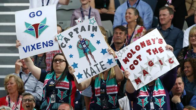 Melbourne Vixens fans show their colours at Hisense Arena against the Magpies last month. Picture: George Salpigtidis