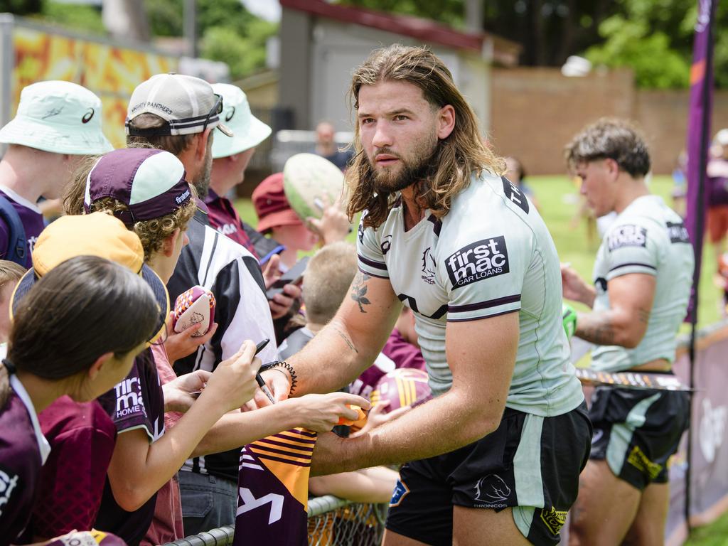 Patrick Carrigan and Reece Walsh meet fans at the Brisbane Broncos Captain's Run and Toowoomba Fan Day at Toowoomba Sports Ground, Saturday, February 15, 2025. Picture: Kevin Farmer