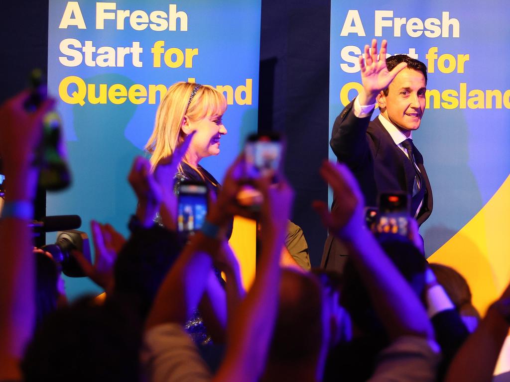 LNP leader David Crisafulli celebrates victory in the Queensland election. Picture: NewsWire/Tertius Pickard