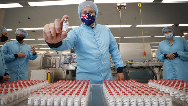 Prime Minister Scott Morrison at CSL’s Melbourne vaccine manufacturing facility. Picture: David Caird-Pool/Getty Images