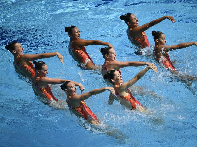 Team Australia competes in the teams free routine final during the synchronised swimming event.