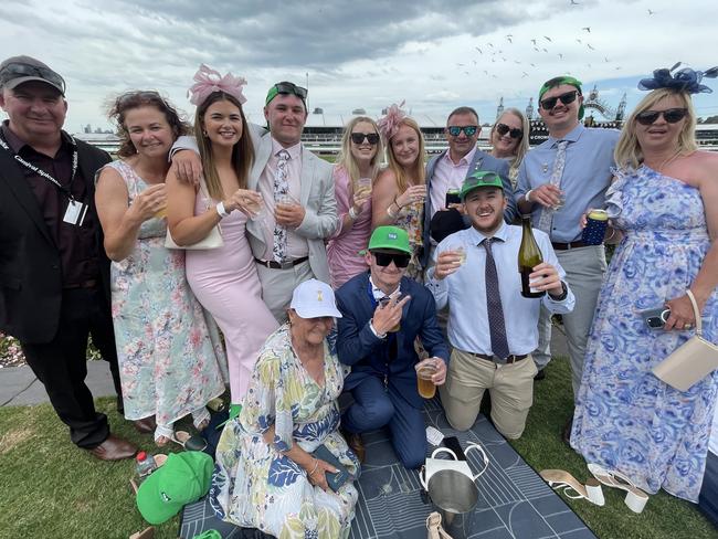 Jack, Jackson, Dwayne, Riley, Billie, Jessica, Brodie, Riley, Megan, Damien, Jeanette, David, Mark, Rachel and Tanya at the 2024 Oaks Day. Picture: Himangi Singh.