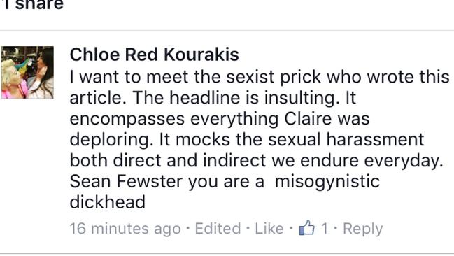 Screen grab of a Facebook post by Chloe Germanos-Kourakis criticising coverage of Claire O’Connor SC.