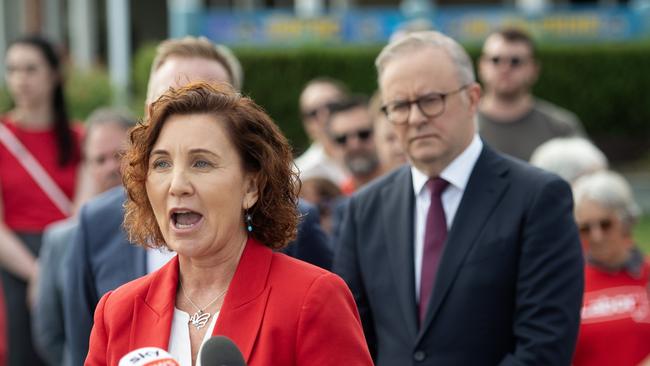 Anthony Albanese announces Jodie Belyea as Labor’s candidate for Dunkley at the Frankston Bowls Club on Thursday. Picture: NCA NewsWire / Nicki Connolly