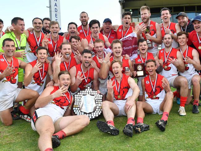 The Southern Football League Grand Final is being played between Noarlunga and Flagstaff Hill photograph at Hickinbotham Oval, Noarlunga Adelaide on Saturday the 21st of September 2019. Grand Final Winners - Flagstagg Hill FC (AAP Image/Keryn Stevens)