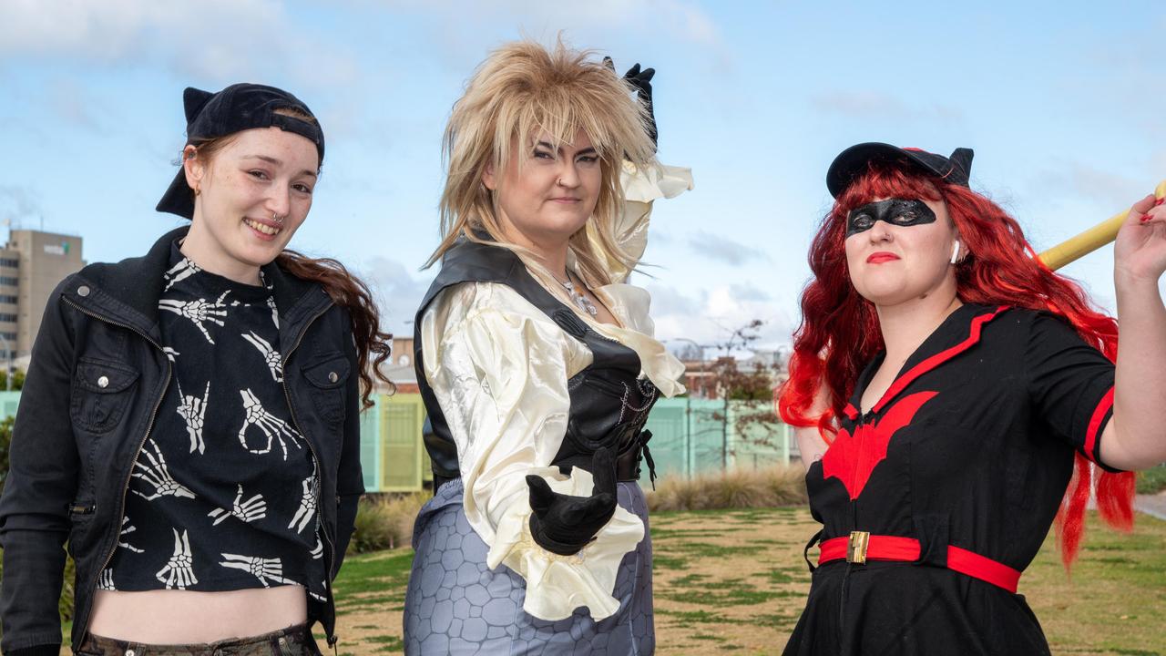 Michelle Harris, (left) with Tiffany Grosbie as Jareth from The Goblin King and Sophie Newtown as Batwoman from DC Bombshell.Comic-Gedden at the Goods Shed.Sunday June 30th, 2024