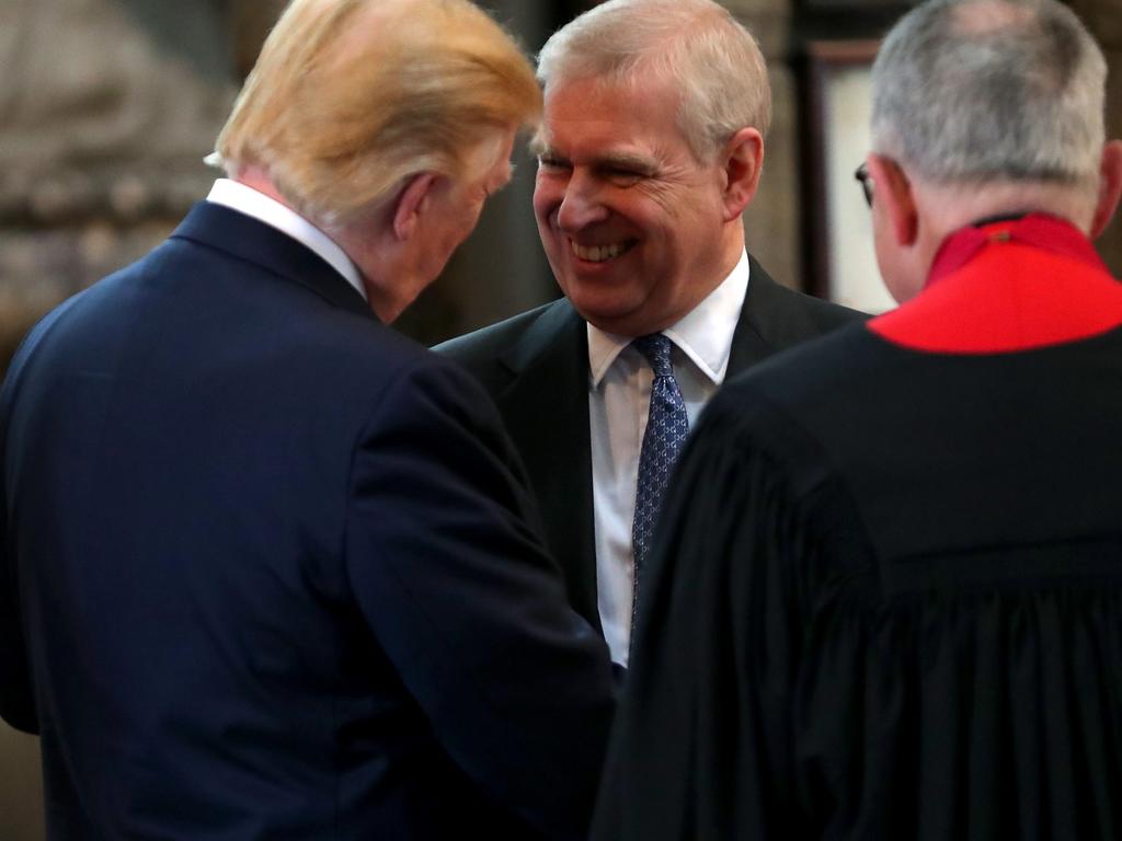 Prince Andrew, Duke of York smiles and shakes hands with US President Donald Trump during the visit to Westminster Abbey on June 03, 2019 in London, England. Picture: Getty