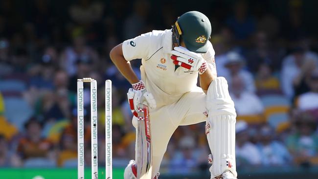 Burns kneels down after being bowled just short of his century. Picture: AP