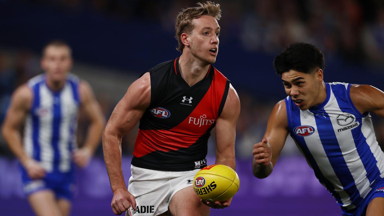 MELBOURNE, AUSTRALIA - Augus 12 , 2023. AFL . Darcy Parish of the Bombers during the round 22 match between North Melbourne and Essendon at the Marvel Stadium in Melbourne. Photo by Michael Klein.