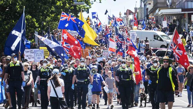 Protesters marching in the street in Ballarat. Picture: Rob Leeson