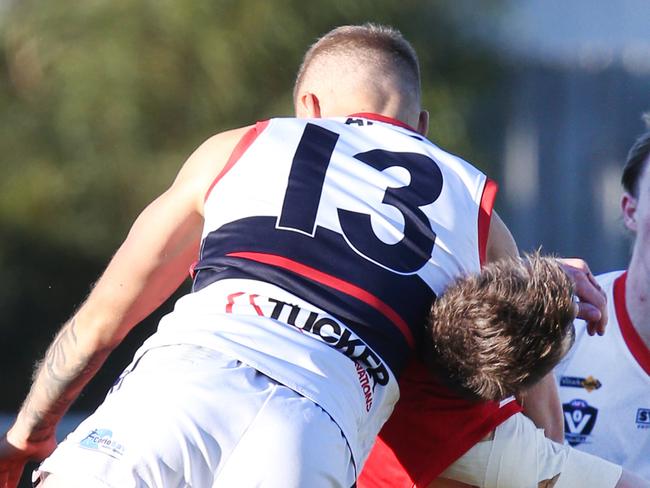 Football GDFL: Corio v Anakie Corio won. Anakie 13 Billy Goodwin lands on Corio 1 Joel Bennett Picture: Mark Wilson